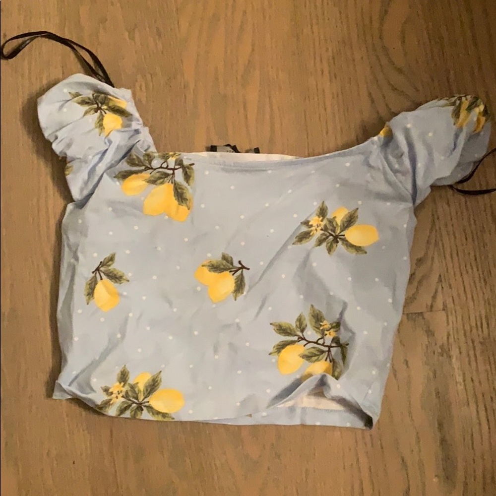 off the shoulder blue lemon crop top
